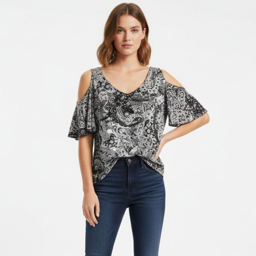 VTG.90's CB Established Women's Flutter Cold Shoulder Black Paisley Studded Top